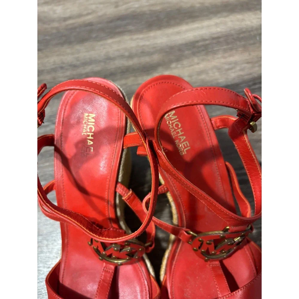Michael Kors Red‎ Leather Espadrille Wedge Sandals MK Logo Gold Hardware 8M
